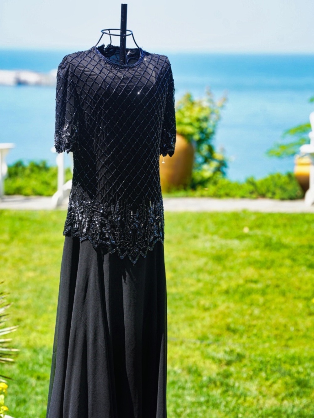 VTG Life & Style NY 100% Silk Beaded Evening Gown Set M Black Sequined Formal